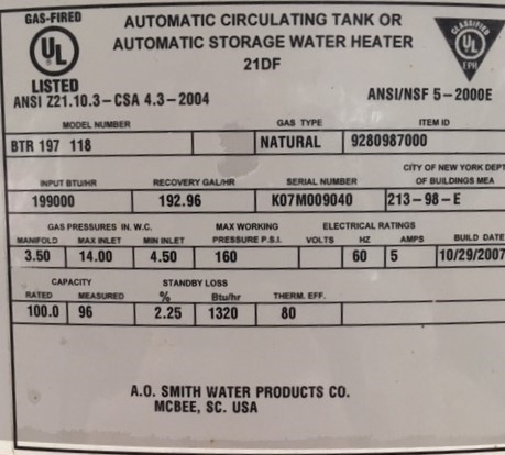 A.O. Smith tank label