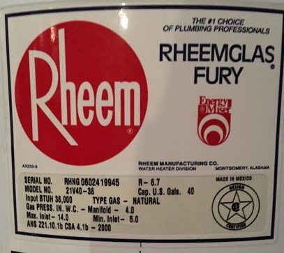 Rheem tank label